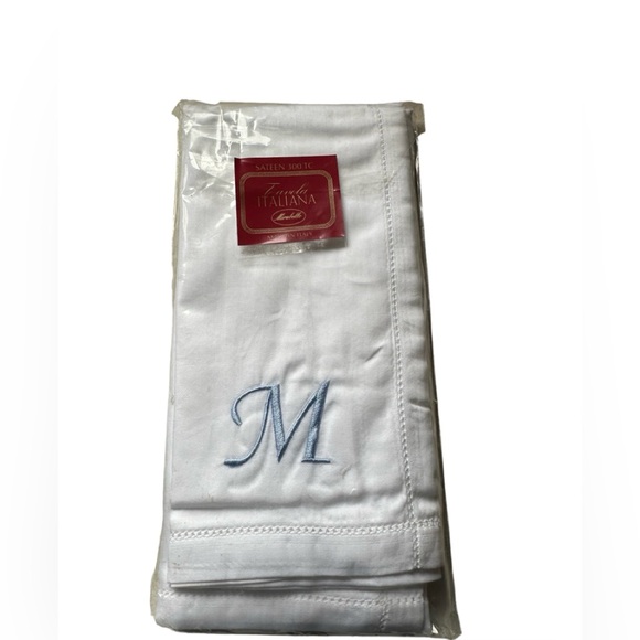 Italian Napkins M Monogram white with sky blue embroidery and Hemstitchi… - Picture 3 of 3